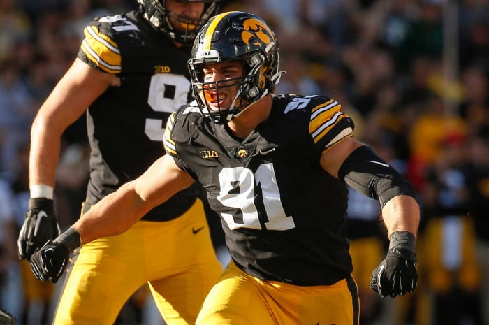 Iowa freshman defensive lineman Lukas Van Ness reacts after sacking Colorado State quarterback Todd Centeio in the third quarter at Kinnick Stadium in Iowa City, Iowa, on Saturday, Sept. 25, 2021.